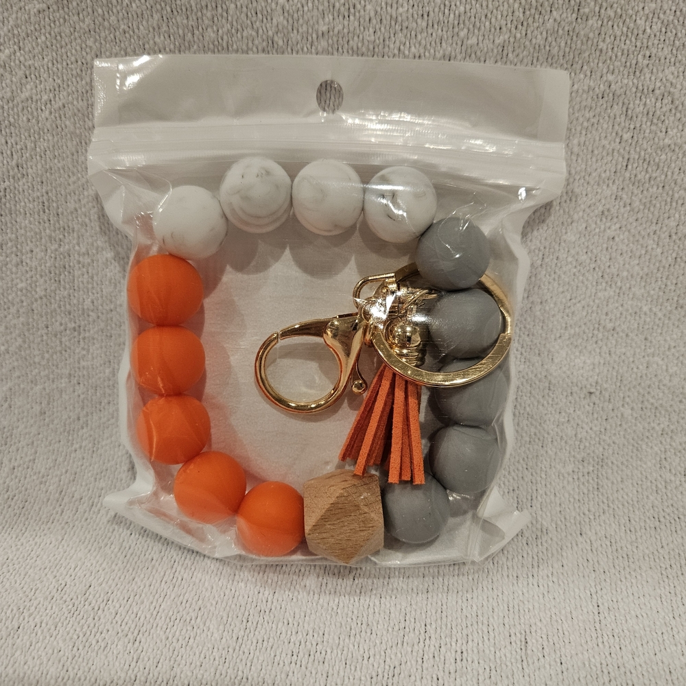 Beaded Orange Gray White Gold Key Chain Wristlet with Tassel for Women